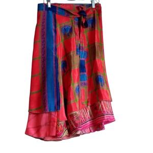 Boho Reversible  Sari Wrap Skirt Pink Blue Mixed Print Midi Magic  ONE SIZE